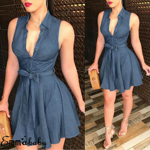 Womens Dress Sexy Large V Neck Sleeveless Club Party Denim Jeans Bandage Bodycon Mini Dress ► Photo 1/5