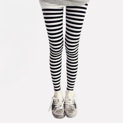 Women Fashion Black and Blue Horizontal Striped Elastic High Waist Leggings  at  Women's Clothing store