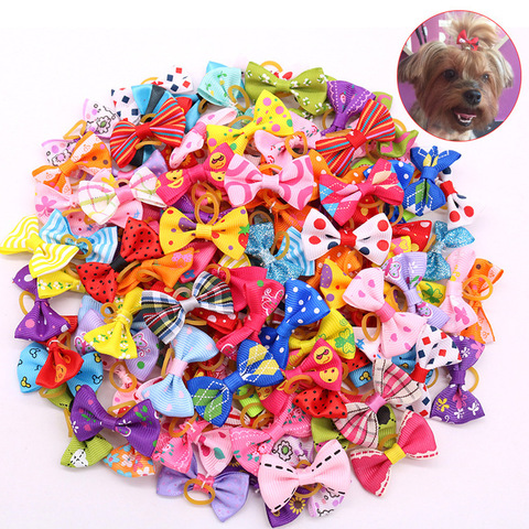 20 Pieces/lot Cute Ribbon Pet Grooming Accessories Handmade Small Dog Cat Hair Bows with Elastic Rubber Band Mix Color ► Photo 1/6
