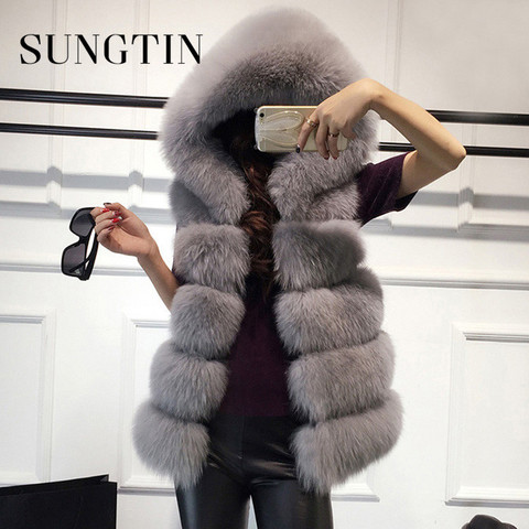 Sungtin 6 Color High Quality Soft Thick Warm Vest Hoodie Female Black Faux Fox Fur Mink Sleeveless Hooded Coat Women Winter 2022 ► Photo 1/6