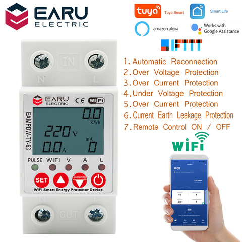 2P 63A TUYA APP WiFi Smart Circuit Earth Leakage Over Under Voltage Protector Relay Device Switch Breaker Energy Power kWh Meter ► Photo 1/6