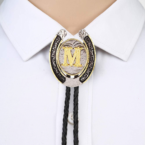 Gold Letter ABCDEFG-Z U shape bolo tie for man Indian cowboy western cowgirl leather rope zinc alloy necktie ► Photo 1/6