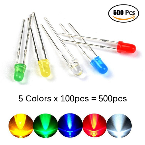 500Pcs/lot 3MM LED Diode Assorted Kit Mixed Color Red Green Yellow Blue White 5color each 100pcs DIY led diode kit leds set ► Photo 1/1