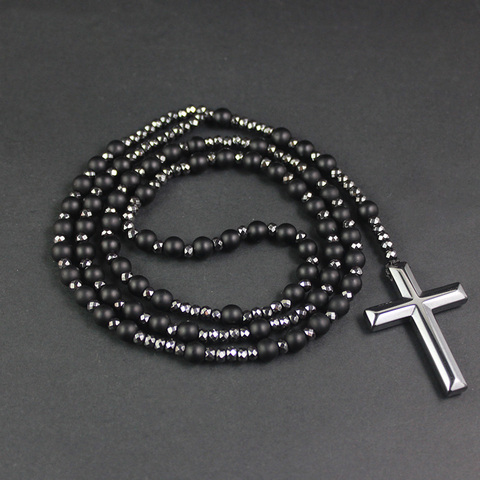 New Arriveal Matte Black Stone Beads with Hematite Faced Beads Cross Pendant Necklace Mens Jewelry Rosaray NSN013 ► Photo 1/6