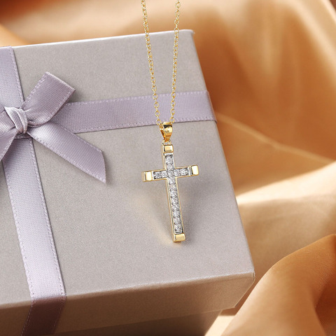 ZHOUYANG Pendant Necklace For Women Luxury Zircon Cross Light Gold Color Kpop Choker Chain Christmas Gift Jewelry Wholesale N221 ► Photo 1/6