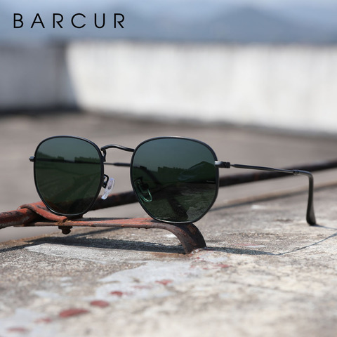 BARCUR Reflective Sunglasses Women Glass Lens Sun Glasses Men Stainless Steel Frame Eyewear Mirror Hexagon Oculos De Sol ► Photo 1/6