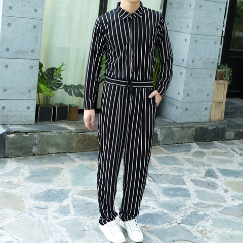 Spring and Autumn New Korean version of the tide men vertical stripes jumpsuit tooling jumpsuit large size jumpsuit elastic wais ► Photo 1/1
