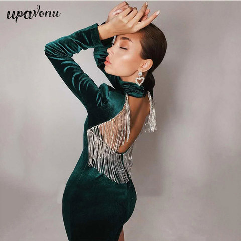 High Quality Black Green Sexy Fashion Backless Diamonds Tassel Rayon Velvet Dress Evening Party Dresses Vestidos ► Photo 1/6