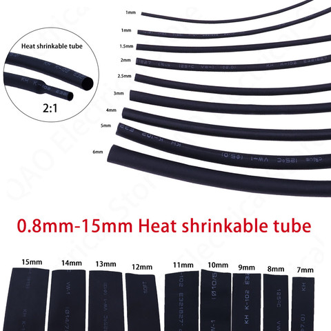 5 /1 METER/LOT BLACK 1mm 1.5mm 2mm 2.5mm 3mm 3.5mm 4mm 5mm 6mm Heat Shrink Tubing Tube ► Photo 1/6