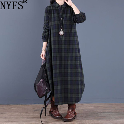 NYFS 2022 New Spring Autumn dress Vintage Loose cotton long dress Vestidos robe d ete femme Literary Plaid Women dress ► Photo 1/5