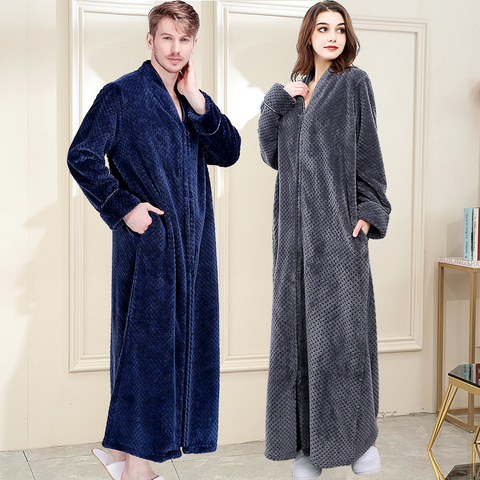 Men Extra Long Thermal Flannel Bath Robe Zipper Plus Size Thick Warm Coral Fleece Bathrobe Women Mens Dressing Gown Winter Robes ► Photo 1/6