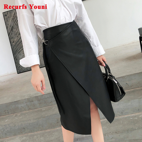 Women Genuine Leather skirt Female Personality Asymmetric Simple Whole Skin Lace-up Long Saia Mujer Black Wrap Jupe Streetwear ► Photo 1/6