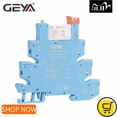 GEYA FY-41F-1 Din Rail Slim Relay Module Protection Circuit 6A Relay 12VDC/AC or 24VDC/AC Relay Socket 6.2mm thickness ► Photo 1/6