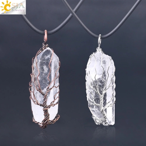 CSJA Natural Crystal Pillar Big Pendants Antique Copper Wire Wrapped Tree of Life Quartz Pendant for Necklace PPC Chain F554 ► Photo 1/6