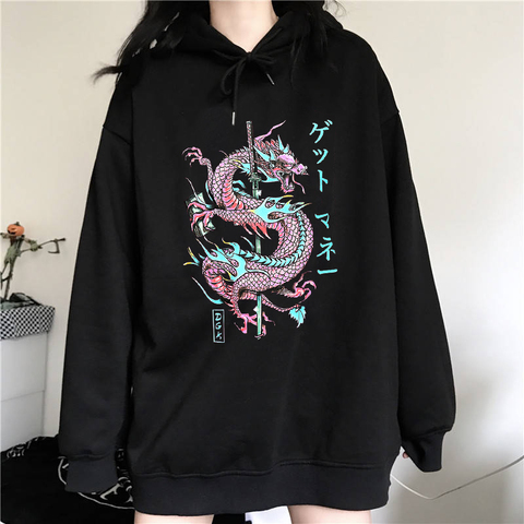 Japanese dragon print Harajuku women Letter fashion long-sleeved Vintage plus velvet Ulzzang casual plus size hooded sweatshirt ► Photo 1/6