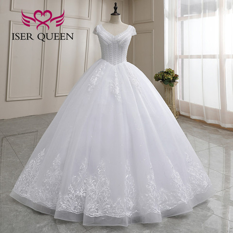 V Neck Short Sleeves Princess Wedding Dress 2022 New Arrival Lace Appliques Beading Crystal Quality Wedding Gown Women WX0182 ► Photo 1/6