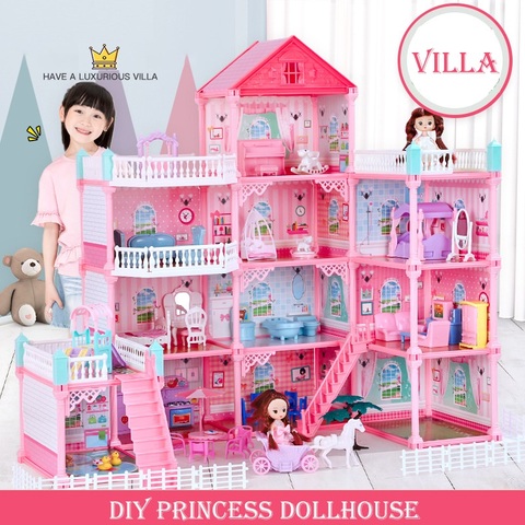 Princess Big Villa DIY Dollhouse Doll House Castle DIY Dollhouse Assembled  Set Pretend Play Toys Birthday Gifts