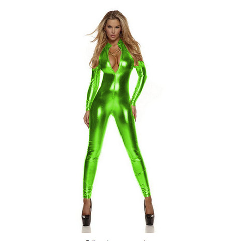 Long Sleeve Zentai Women Zipper High Neck Stretchy Jumpsuit Sexy Shiny Metallic Catsuit Pole Dancing Clubwear Halloween Costume ► Photo 1/5