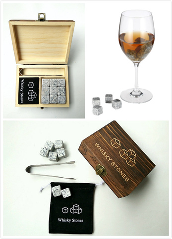 9Pcs/lot Whisky Stone with Wooden Box& Velvet Bag Whiskey Coolers Rocks Stones Cube Stone Christmas Gift ► Photo 1/6