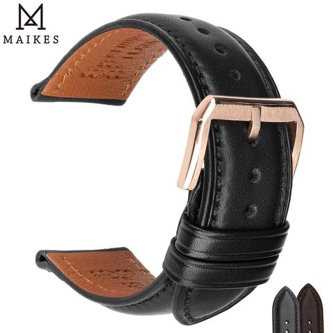 MAIKES Hot Sale 1pc Fashion Men Women 18mm 20mm 22mm 24mm Cowhide Leather Strap Black Business Watch Band Universal ► Photo 1/1