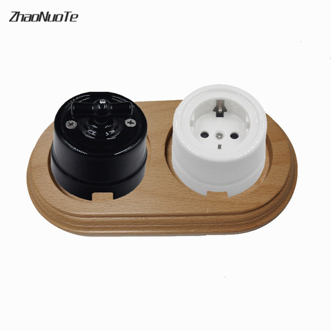 Retro Switch Socket Wooden Base Wall Lamp 1-3 Gang Power Switch EU Socket Wooden Base ► Photo 1/6