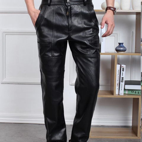 Autumn Winter Male Plus Size Straight Genuine Leather Pants Men's Thickening Motorcycle Pants Loose Windproof Leather Pants ► Photo 1/6