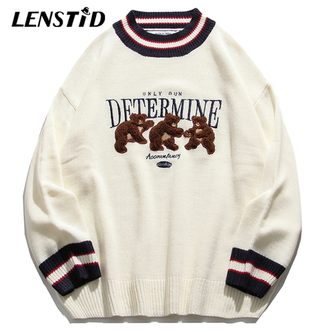 LENSTID Men Hip Hop Knitted Jumper Sweaters Embroidery Bear Streetwear Harajuku Autumn Casual Knitwear Pullovers Fashion Tops ► Photo 1/6