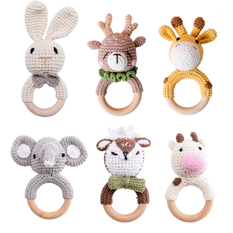 1pc Baby Teether Music Rattle Animal Crochet Rattle Elephant Giraffe Ring Teether Wooden Baby Gym Montessori Baby Products Toys ► Photo 1/6