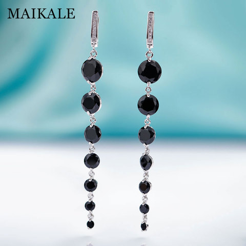 MAIKALE New Fashion Round CZ Zirconia Long Earrings For Women Rose Gold Fine Jewelry Tassel Black Dangle Earrings To Gift ► Photo 1/6