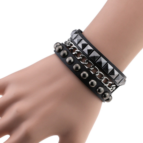 1Pc Multilayers Rock Spikes Rivet Chains Gothic Punk Wide Cuff Leather Bracelet Bangle Fashion Men Bracelets Jewelry ► Photo 1/6