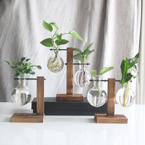 Glass Vase Home Decoration Wooden Stand Vase Desktop Creative Hydroponic Home Garden Office Wedding Decoration Creative Clear ► Photo 1/6