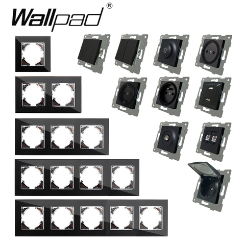 EU DIY Black Crystal Glass Push Button Reset Curtain USB Cat 6 EU French Switch Socket Round Back Wallpad L6 Fit EU Box ► Photo 1/6