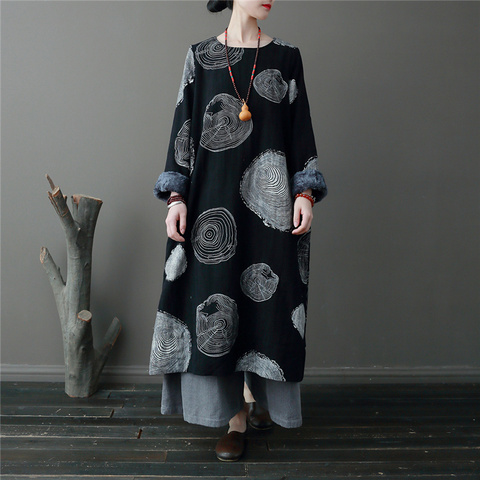 Johnature Women Cotton Linen Dress Vintage Thick Fleece Robes Print Floral 2022 Winter New Warm Long Sleeve Jacquard Dresses ► Photo 1/6