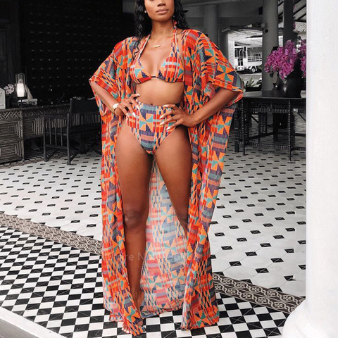 Fashion African Clothes Women Dahsiki Summer 3Pcs Bikini Suit Robe Africaine African Dresses Ethnic Ladies Swimsuit Clothing ► Photo 1/6