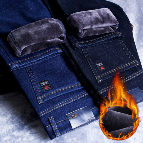 2022 Winter New Men's Warm Slim Fit Jeans Business Fashion Thicken Denim Trousers Fleece Stretch Brand Pants Black Blue ► Photo 1/6