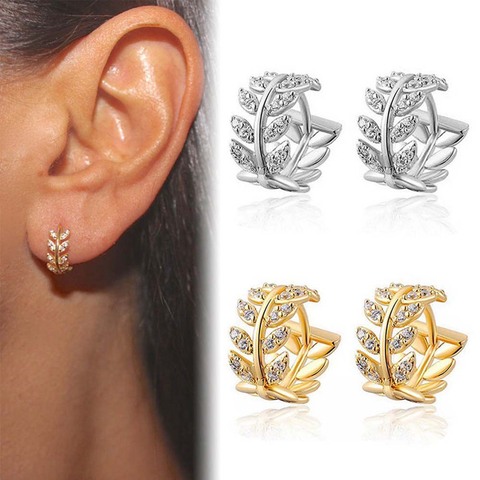 Leaves Shape Rhinestone Surround Hoop Earrings Round Earrings Lovers Circle Ear Ring Women Crystal Small Earring Jewelry Gift ► Photo 1/6