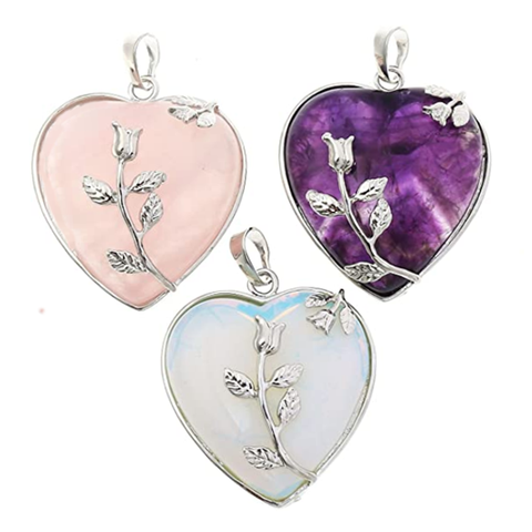 KFT Silver Plated Amethysts Crystal Forever Love Heart With Flower Rose Pink Quartz Stone Pendant For Valentine's Day Jewelry ► Photo 1/6