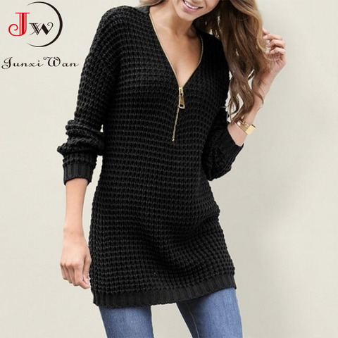 Women Long Sweater V Neck Zipper Oversized Sweater Dress Warm Autumn Winter Clothes Knitwear 3XL Plus Size Pullover Jumper ► Photo 1/6