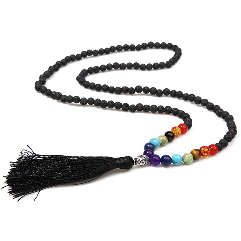 6mm natural volcanic stone 8mm chakra beaded for gathering anniversary prayer buddha head tassel pendant men and women necklace ► Photo 1/5