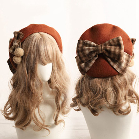Winter cute beret Women new British fashion retro big bow plaid painter hat Girl female Beanies Wholesale 2022 ► Photo 1/6