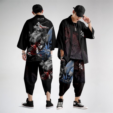 Chinese Style Print Men Kimono Cardigan Set Plus Size Male Yukata Samurai Clothing Casual Loose Streetwear Jacket Pant Suit 6XL ► Photo 1/6