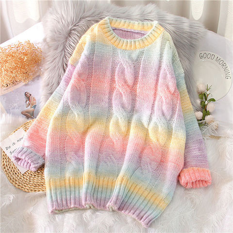 plus velvet Rainbow striped sweater women loose pullover 2022 oversize women winter clothes Tie Dye O-Neck Korean style tops ► Photo 1/6