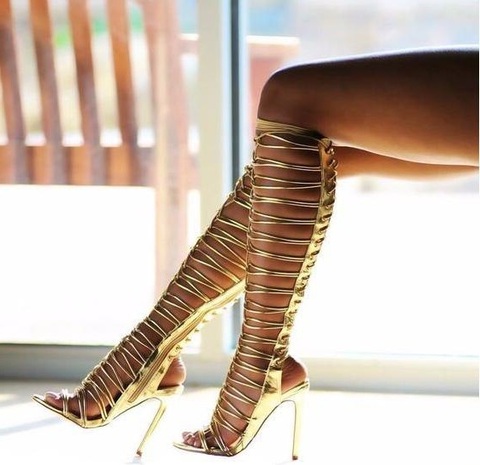 Sexy Shiny Strappy Black Gold Cross Tie Knee High Woman Gladiator Long Sandals Boots Female Cuts Out Thin Heels Summer Boots ► Photo 1/6