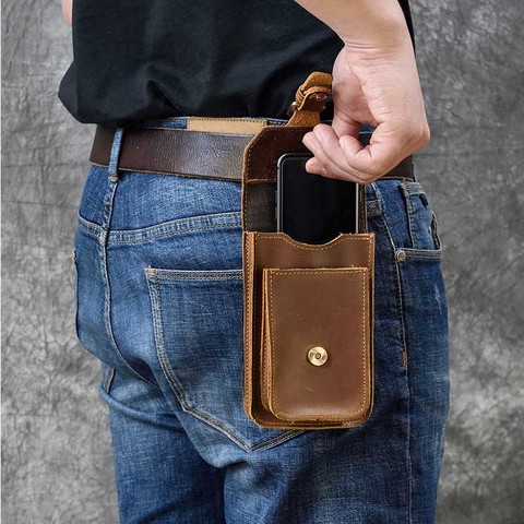 Men's Crazy horse leather belt bag waist bag double layer waist pack for phone genuine leather phone bag buckle cigarette case ► Photo 1/1