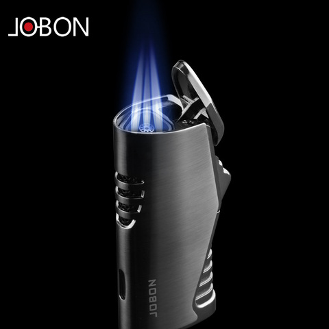 Jobon New Triple Torch Lighter Visible Gas Window 3 Jet Turbo Butane Gas Cigar Lighter Windproof Metal Spray Gun Pipe Lighter ► Photo 1/6