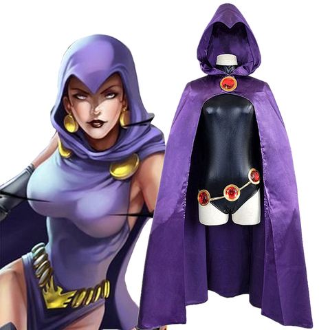 Teen Titans Super Hero Raven Cosplay Costume Women Black Bodysuit Purple Hooded Cloak Jumpsuits Halloween Party Costume ► Photo 1/6