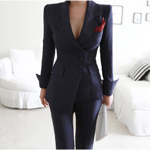 Women‘s Irregular Striped Single Breasted Blazer Coat&Pencil Pant 2 Pieces Set Pant Suits Female Business Office Work Wear Suit ► Photo 1/6