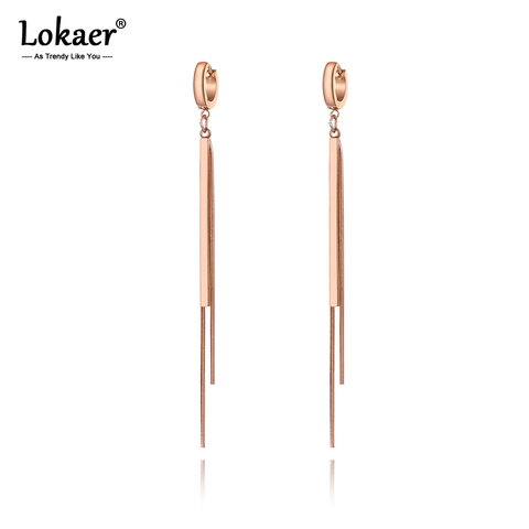 Lokaer Trendy Rose Gold Long Strip & Chain Tassel Earrings For Women Girls Titanium Steel Party Hoop Earrings Jewelry E19228 ► Photo 1/5