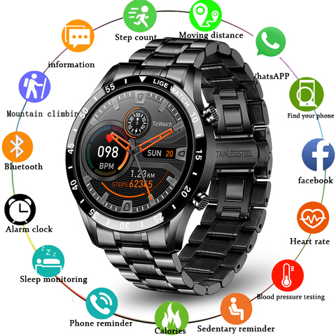 LIGE New Luxury Steel Band Bluetooth Call Smart Watch Men For Android iOS Phone Waterproof Sports Fitness Tracker Smartwatch ► Photo 1/6