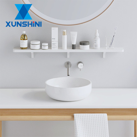 XUNSHINI Punch Free Bathroom Shelf White Kitchen Wall Shelves Shower Basket Wall Storage Organizer Rack Bathroom Accessories ► Photo 1/6